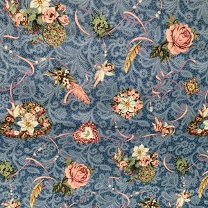1992 Cyrus Clark Chintz Fabric 4.5 yds April Hearts by Cynthia Hart Blue Cupids